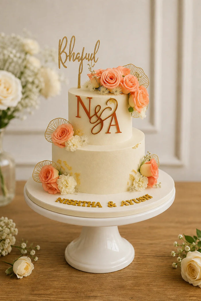 Two-Tier Peach floral & monogram Celebration Cake