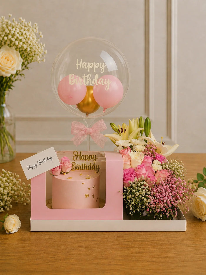 Blush Pink Celebration Cake & Floral Luxury Hamper