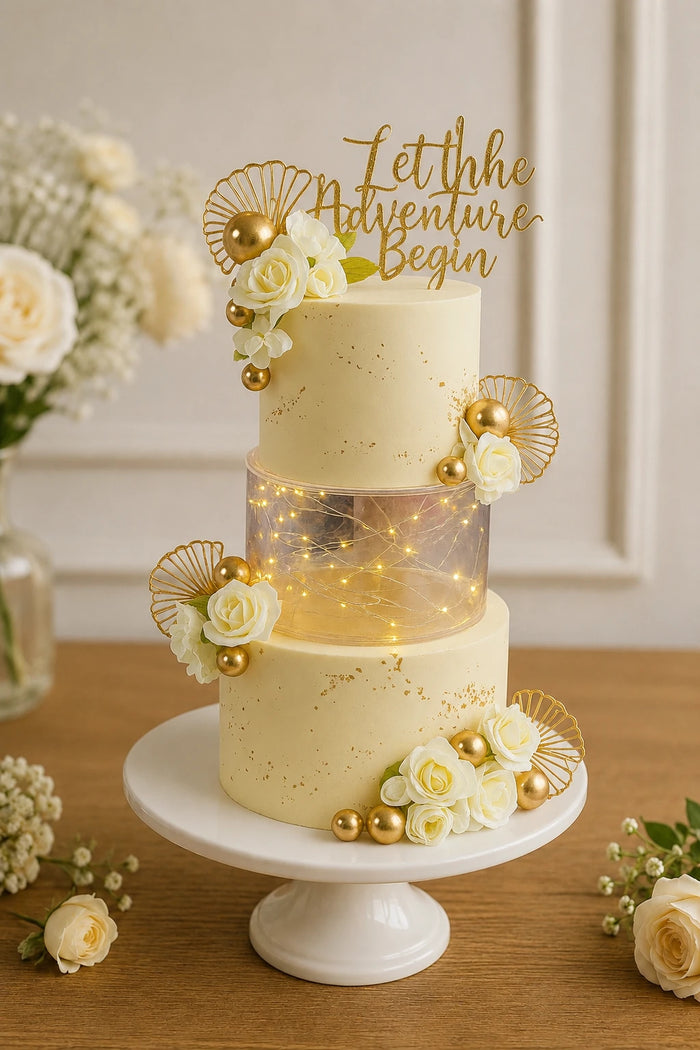 Illuminated floating tier with floral and fan accents Celebration Cake