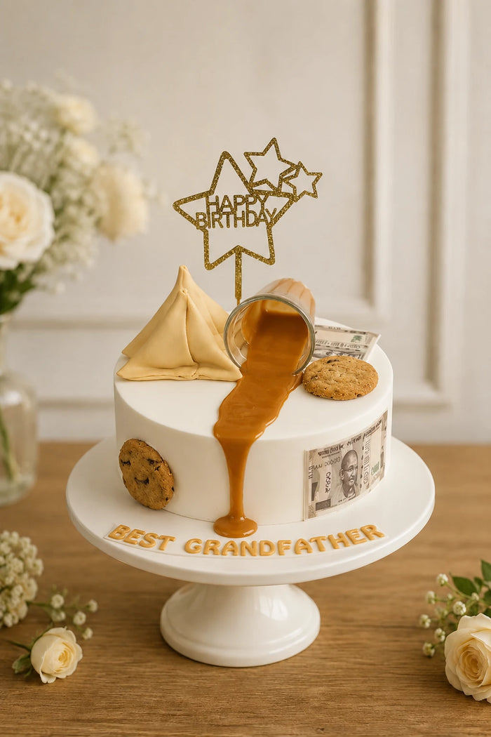Chai, Samosa, Cookies And Indian Currency Grandfather Birthday Theme Cake
