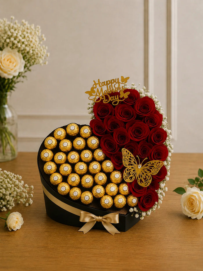 Golden Ferrero & Crimson Rose Heart Hamper