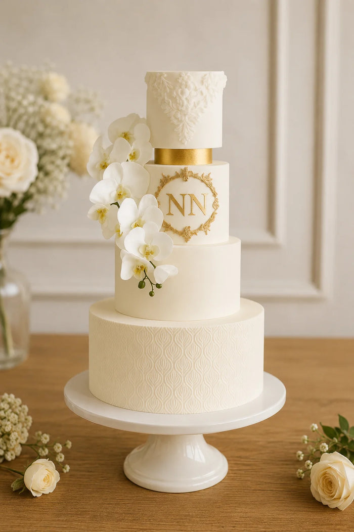 Multi-Tier White Orchids And Gold Monogram Theme Cake