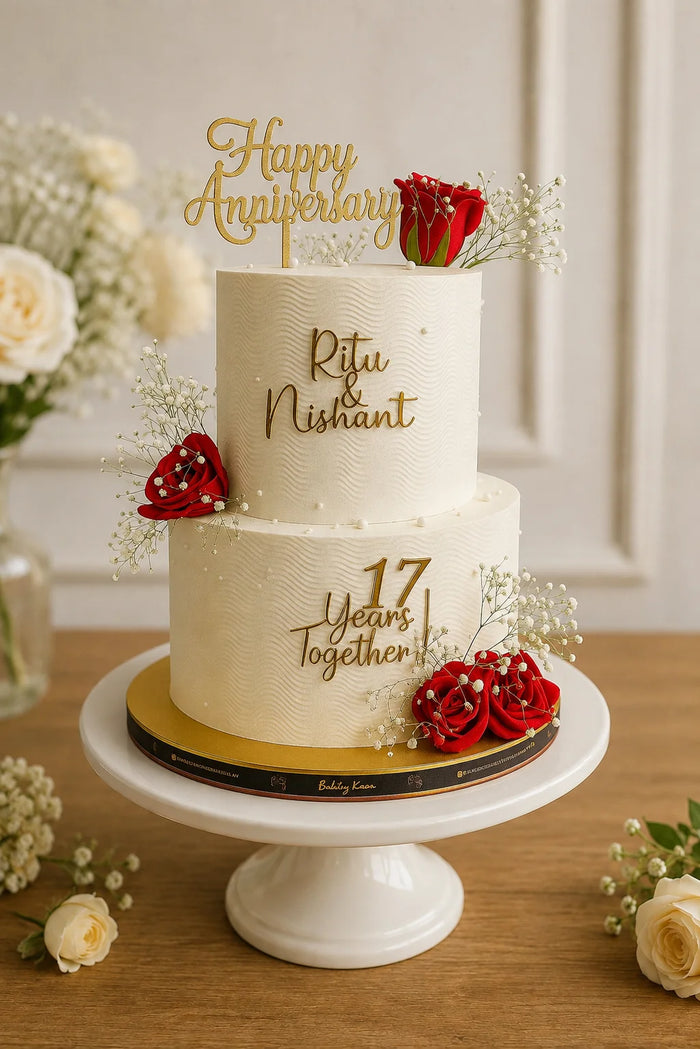 2-Tier 17 Years Together Red Roses & Baby's Anniversary Cake