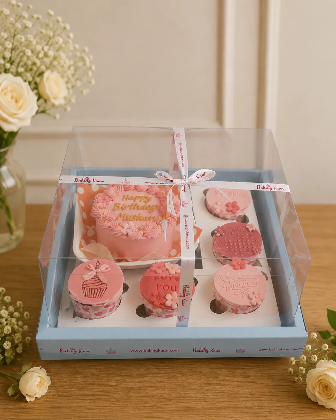 Pastel Pink Birthday Cake & Cupcake Luxury Gift Box handcrafted luxury gift hamper by The Baking Kaur Meerut