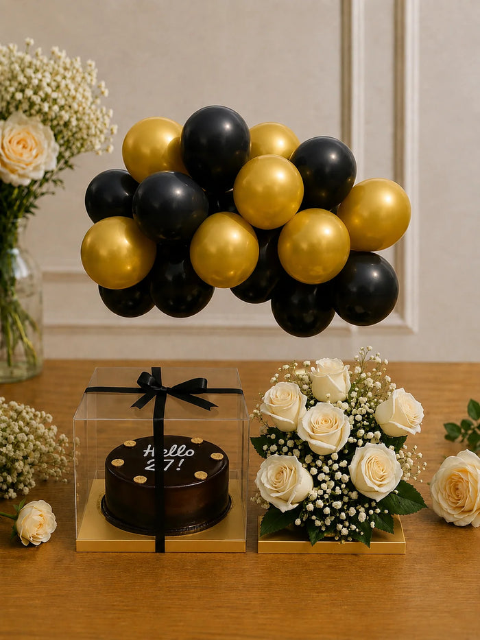 Gold & Black Milestone Birthday Truffle Hamper with Floral Rose Bouquet
