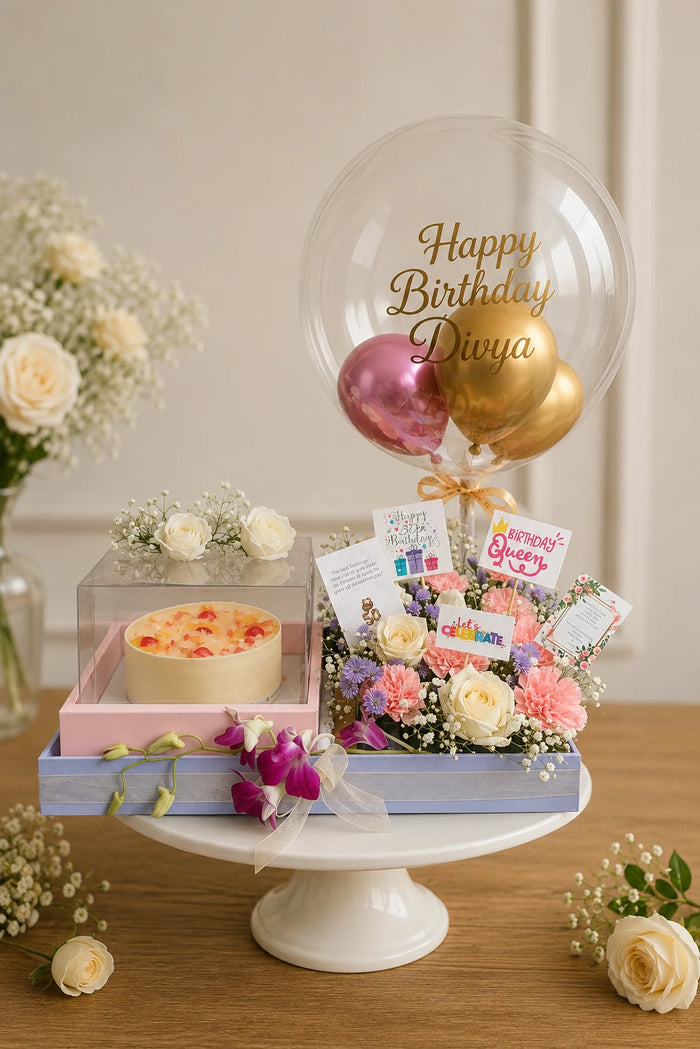 Fruit Cake with Floral and Balloon Hamper Celebration Cake
