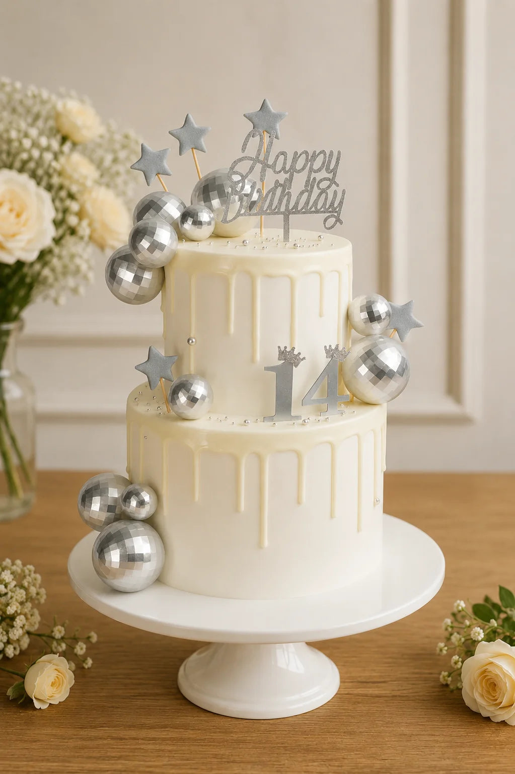 Handcrafted Happy Birthday 14 Pastel Mix 2-Tier Birthday Tier Cake baked fresh by The Baking Kaur, Thapar Nagar, Meerut