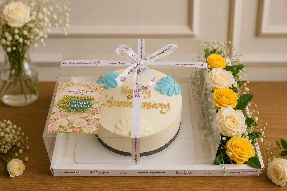 Floral Anniversary Celebration Cake Hamper handcrafted luxury gift hamper by The Baking Kaur Meerut