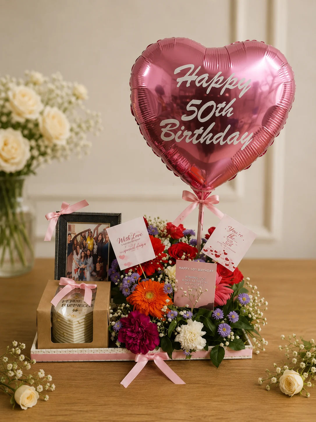 Happy 50th Birthday Floral & Photo Gift Hamper handcrafted luxury gift hamper by The Baking Kaur Meerut