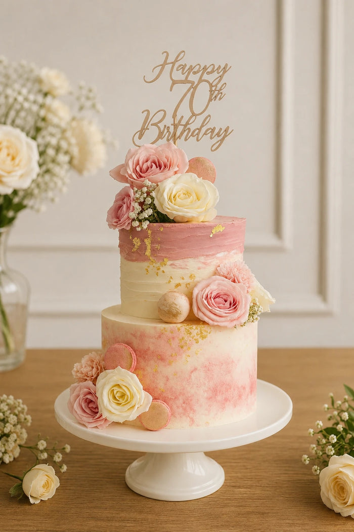 Two-Tier Floral with Gold Flakes & Macarons Celebration Cake