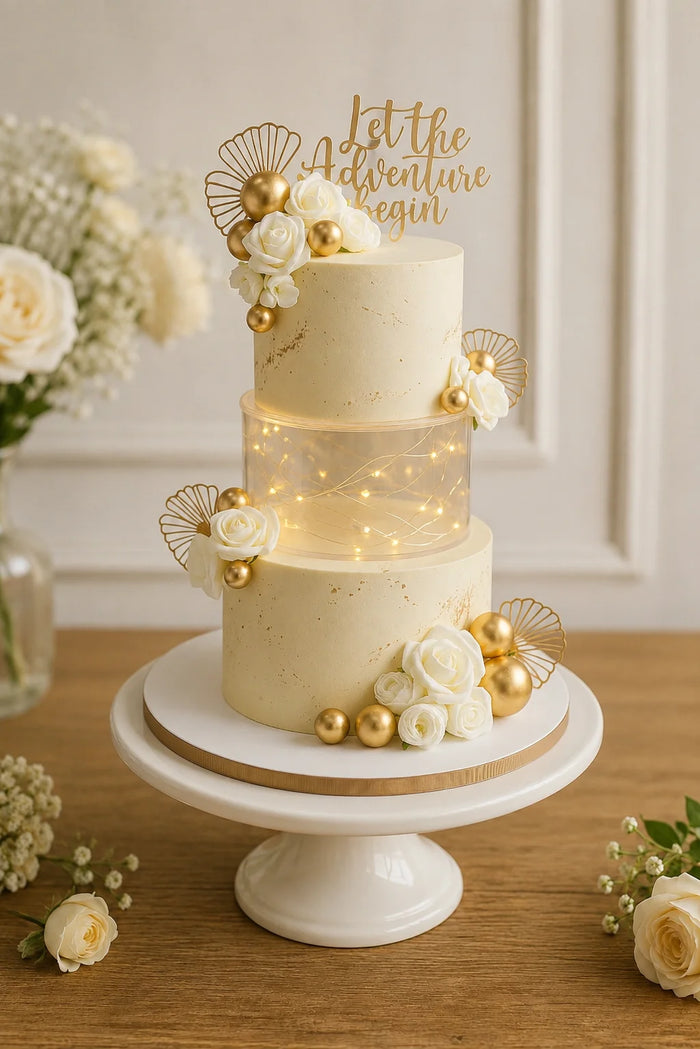 Illuminated floating tier with gold floral details Celebration Cake