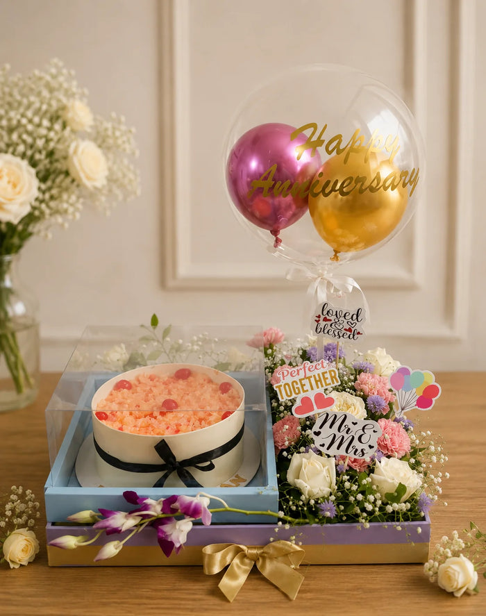 Happy Anniversary Floral Cake & Balloon Luxury Hamper