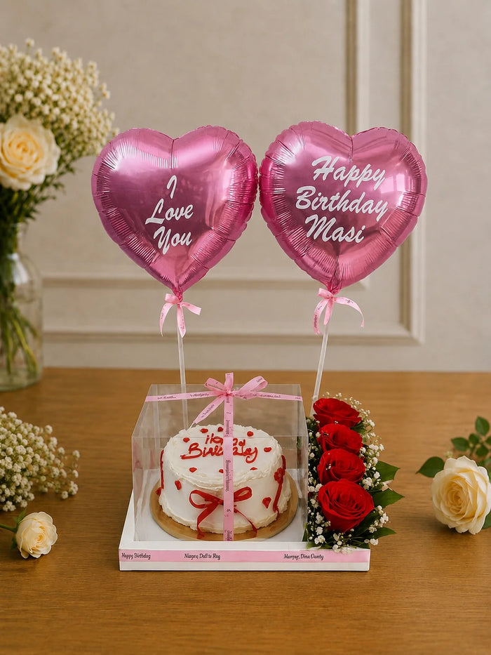 Heart Foil Balloon & Red Rose Celebration Cake Box