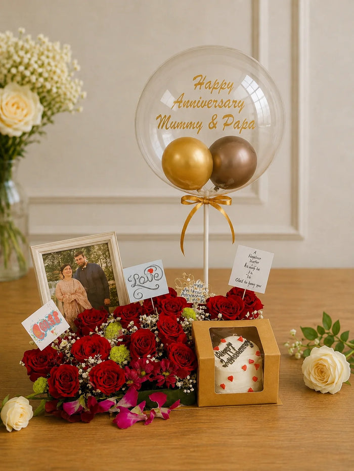 Happy Anniversary Mum & Papa Luxury Rose Hamper with Balloon and Bento Cake