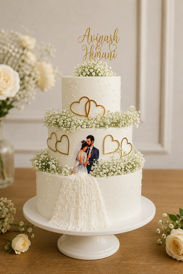 Eggshell Gold Heart Baby's Breath Bridal Couple 3-Tier Cake
