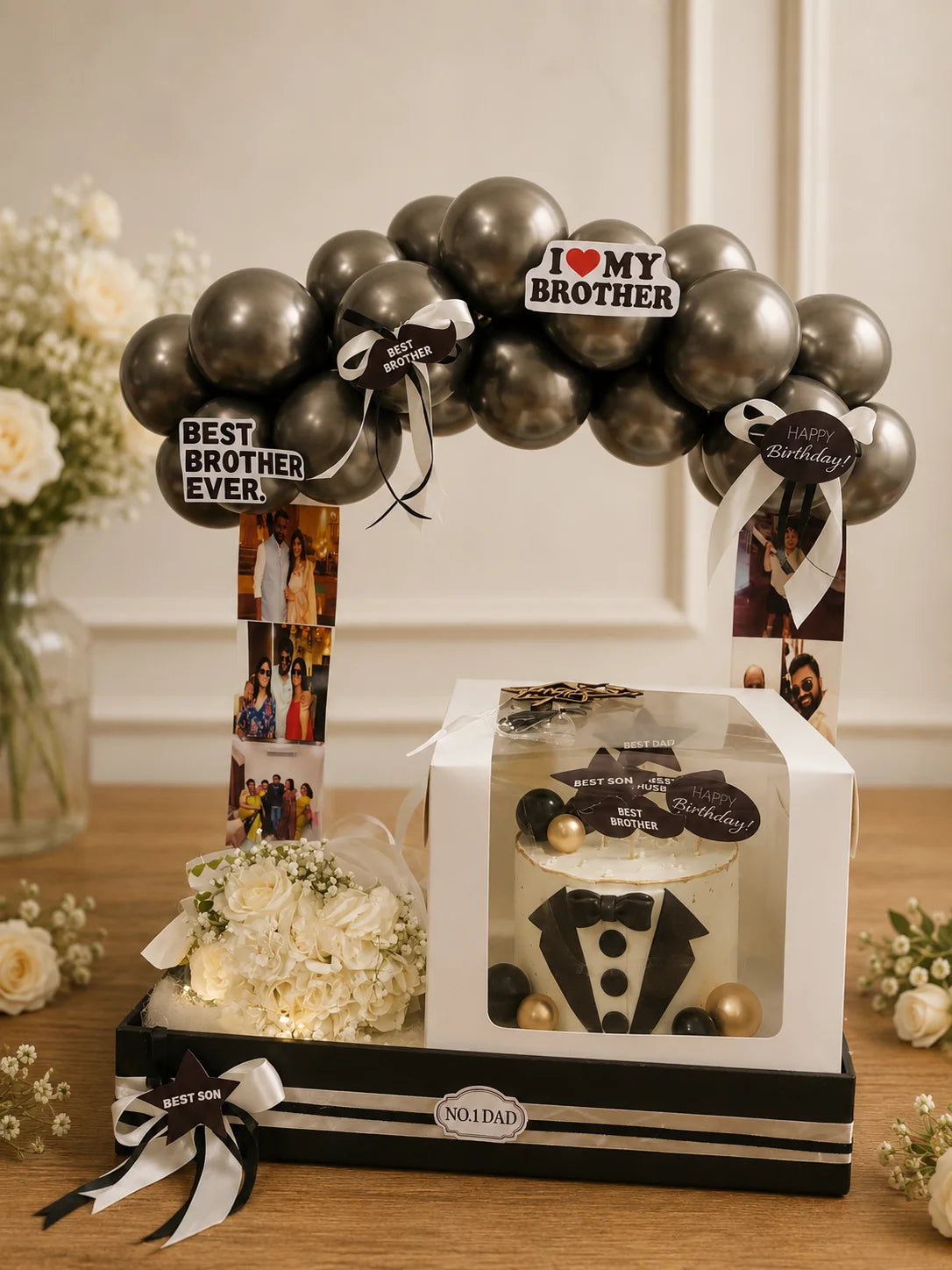 Monochrome Tuxedo Cake & Photo Memory Hamper handcrafted luxury gift hamper by The Baking Kaur Meerut