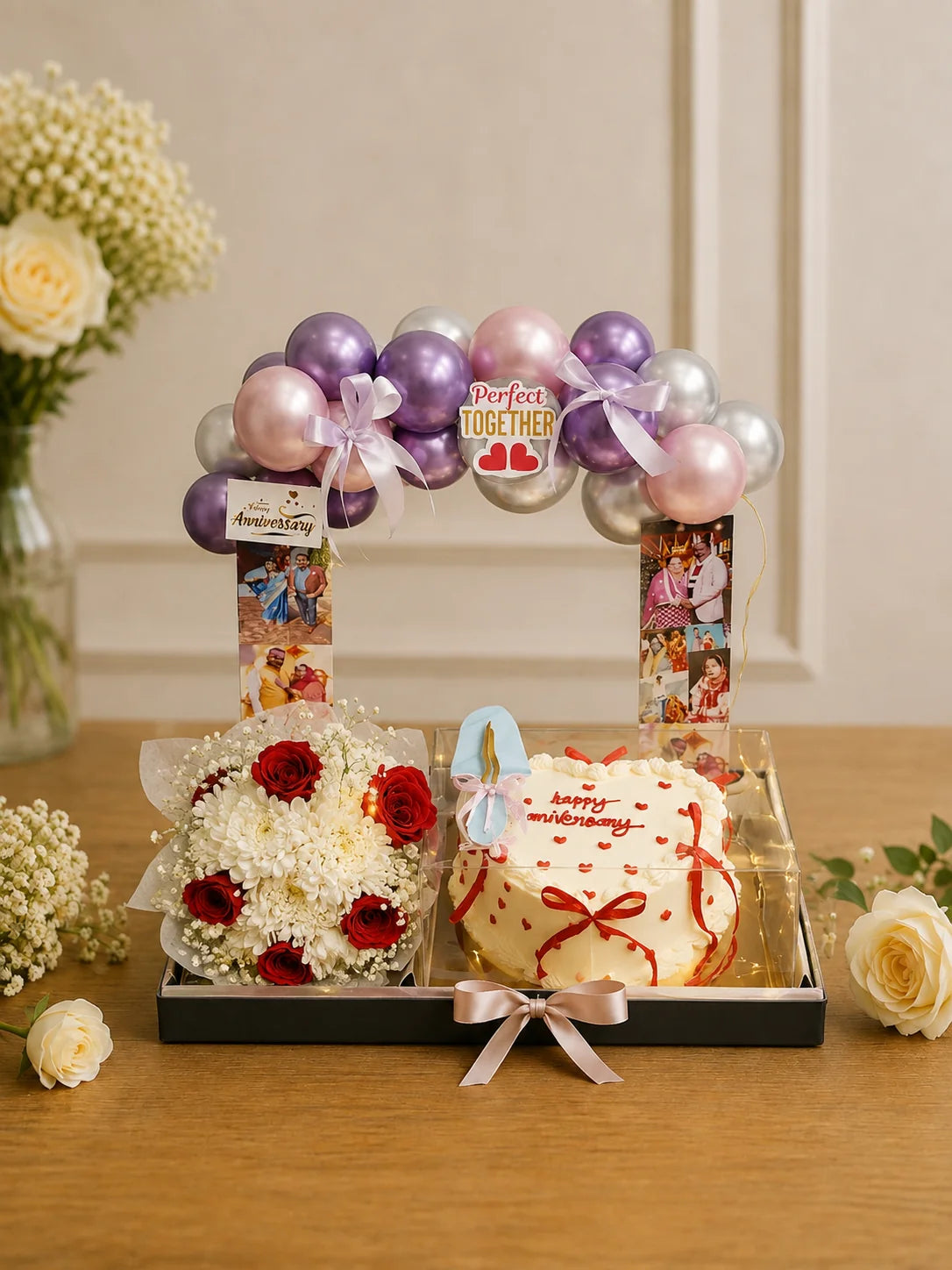 Anniversary Photo Balloon & Heart Cake Luxury Gift Hamper handcrafted luxury gift hamper by The Baking Kaur Meerut