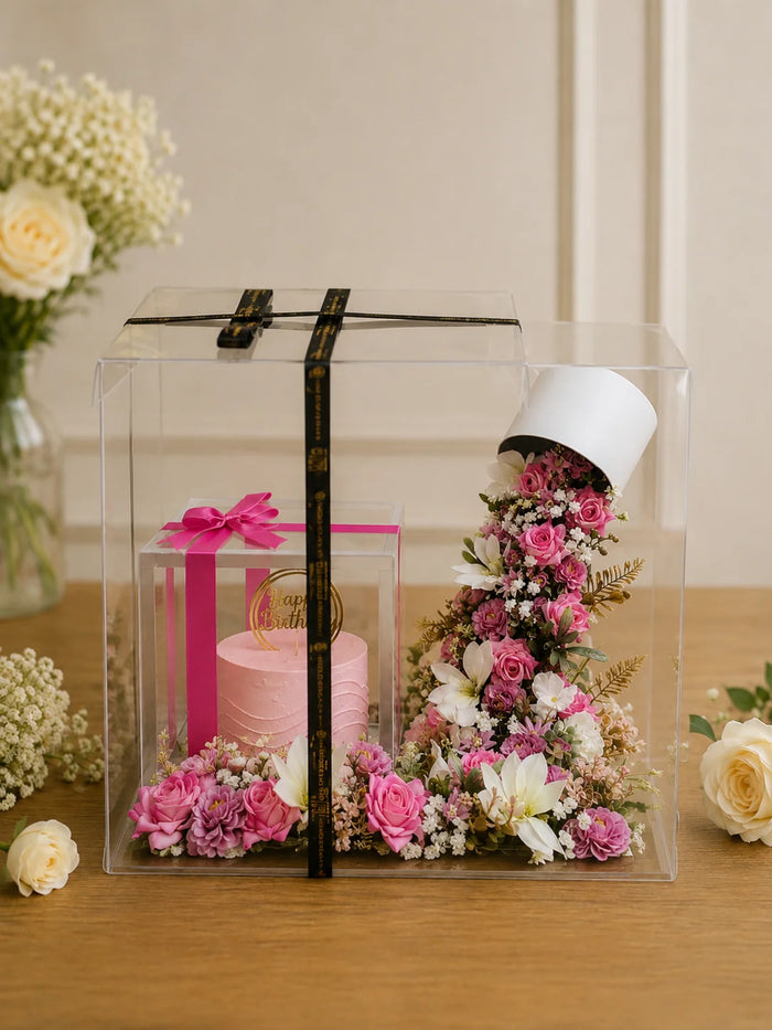 Cascading Floral & Pink Birthday Cake Luxury Acrylic Hamper