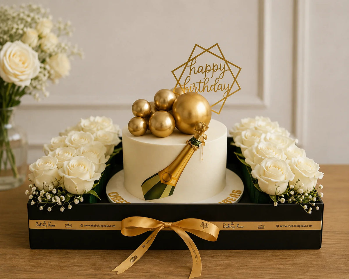 Golden Champagne & Ivory Rose Luxe Birthday Hamper handcrafted luxury gift hamper by The Baking Kaur Meerut