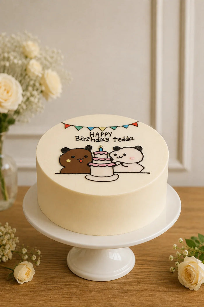 Cartoon bears sharing a Birthday Cake