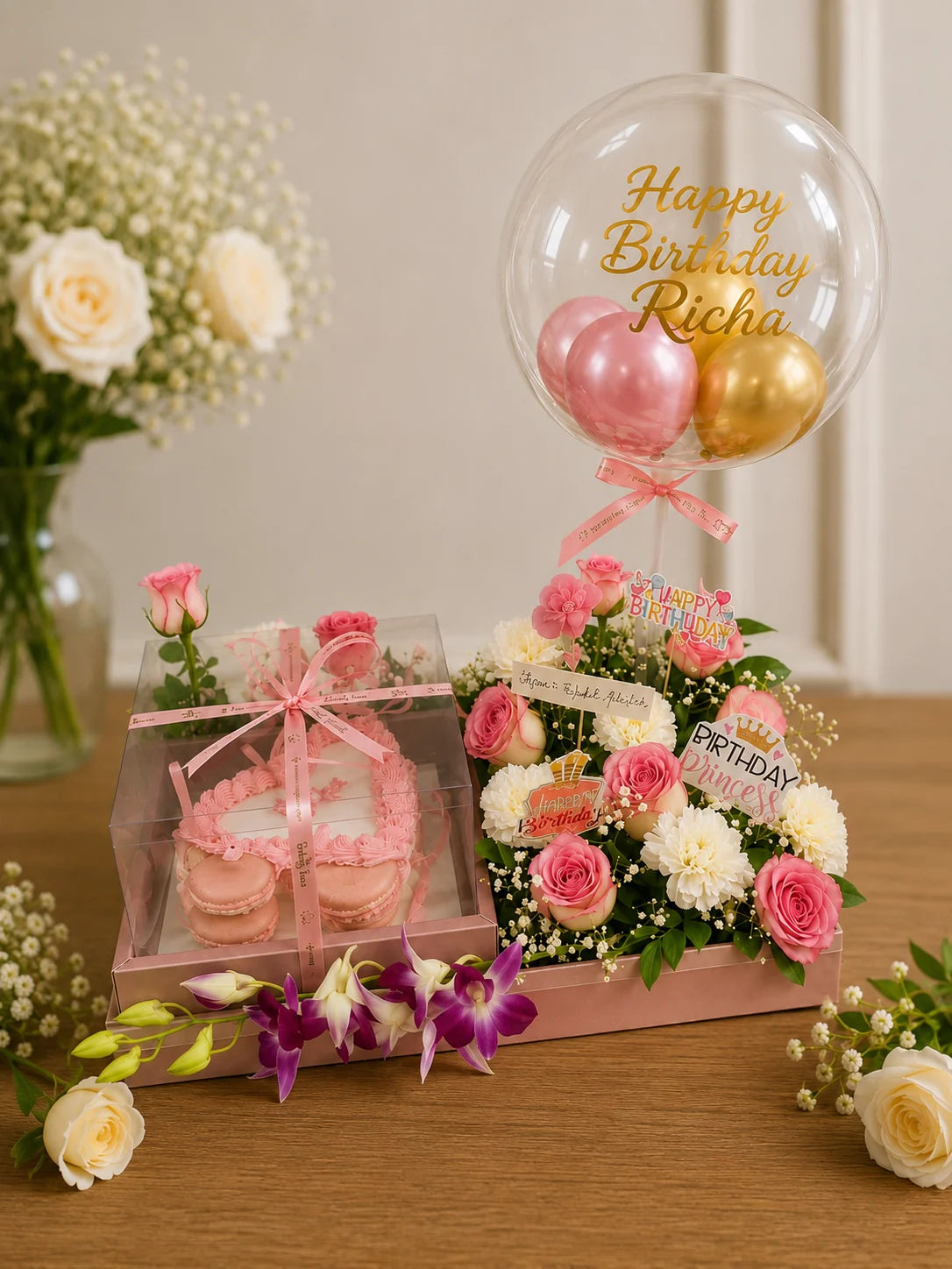 Pastel Dream Heart Cake & Floral Balloon Luxury Hamper handcrafted luxury gift hamper by The Baking Kaur Meerut
