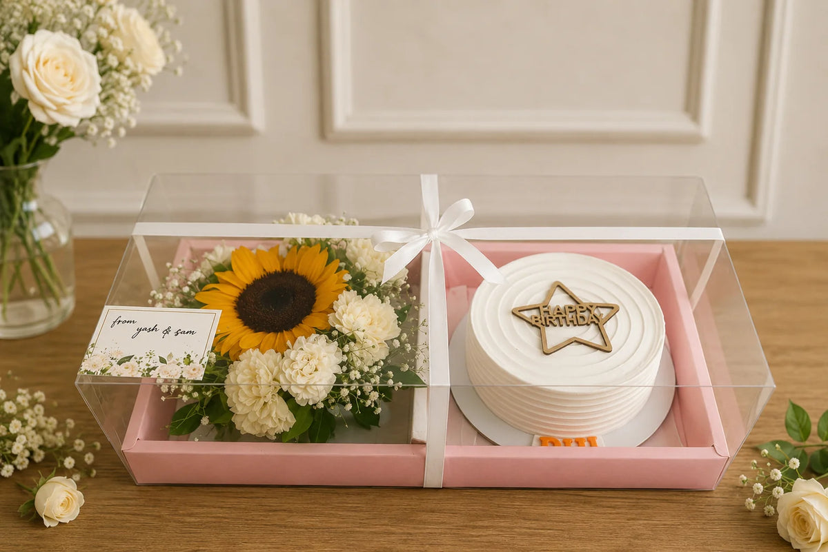 Sunny Sunflower & Minimalist White Birthday Cake Luxury Hamper handcrafted luxury gift hamper by The Baking Kaur Meerut
