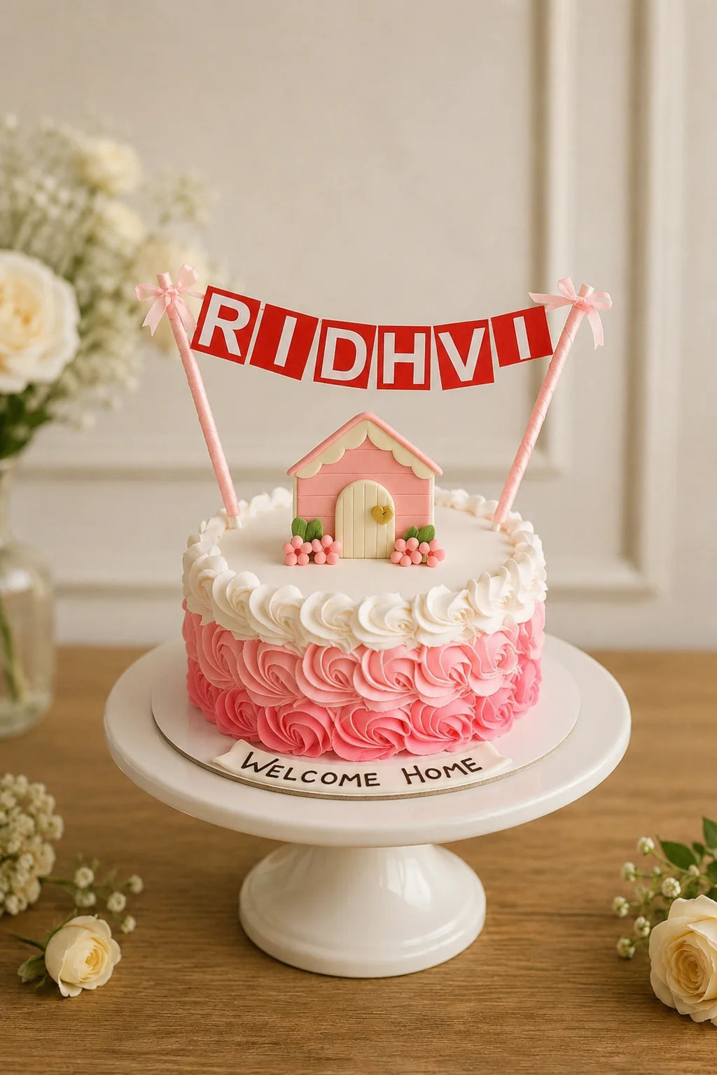 Welcome Home Custom Name Topper Pink Rose Cake handcrafted luxury gift hamper by The Baking Kaur Meerut