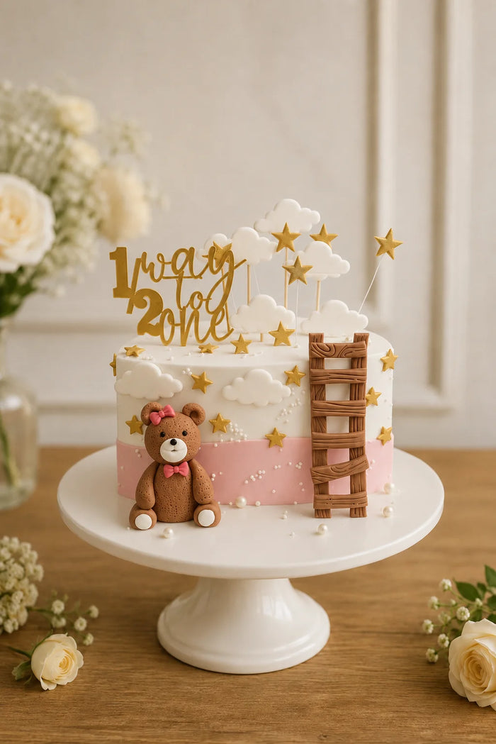 1st Birthday Teddy bear climbing to one Birthday Cake