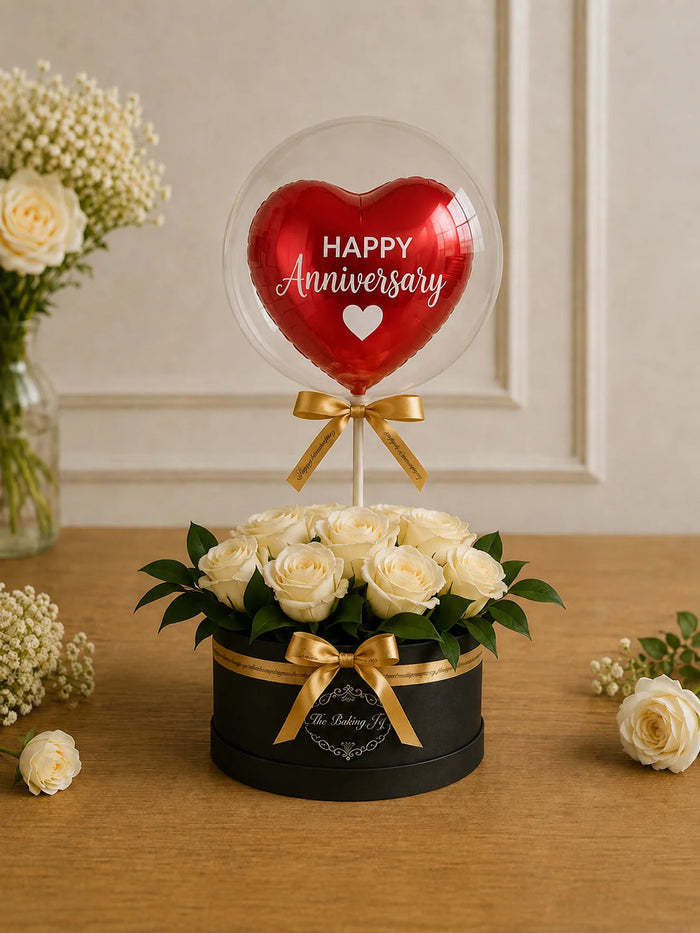 Elegance Anniversary White Rose & Heart Balloon Box