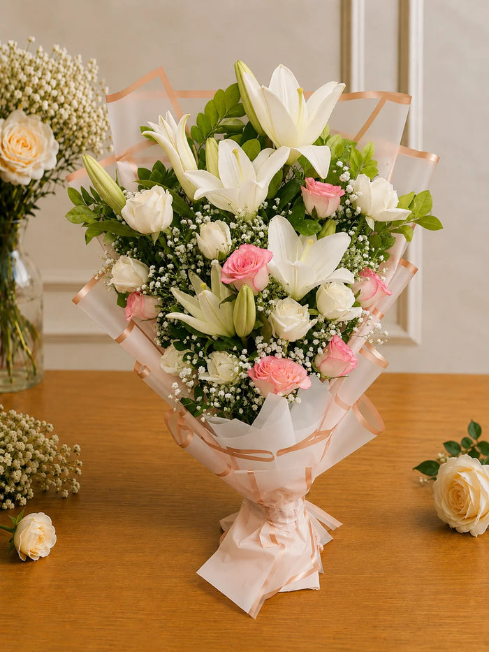 Ethereal White Lily & Pastel Rose Bouquet