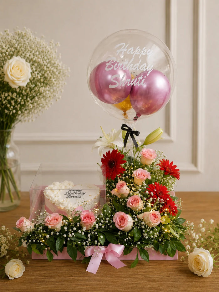 Shruti's Personalized Pink Rose & Heart Cake Floral Hamper with Bubble Balloon