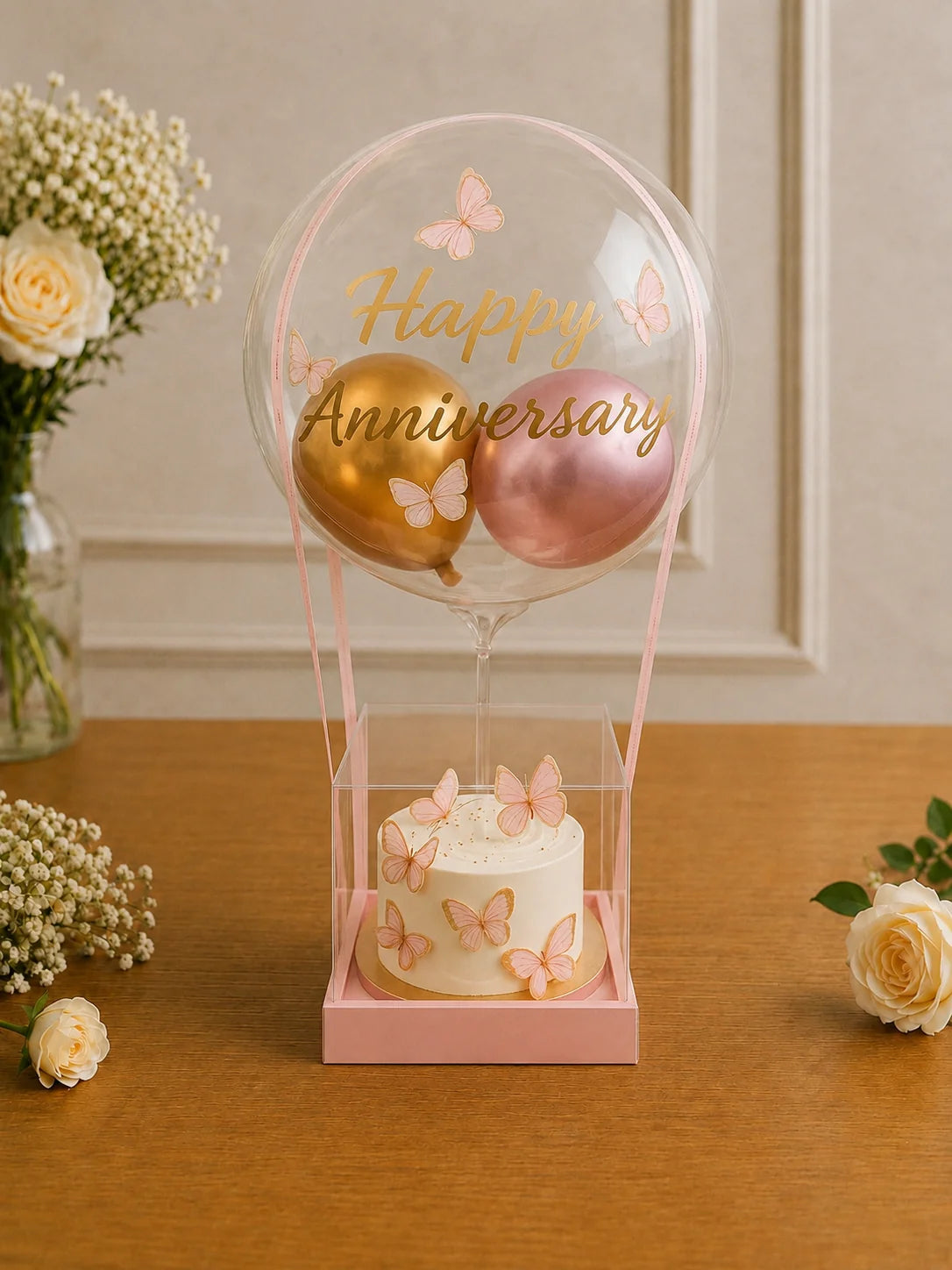 Pink Butterfly Hot Air Balloon Anniversary Cake Hamper handcrafted luxury gift hamper by The Baking Kaur Meerut