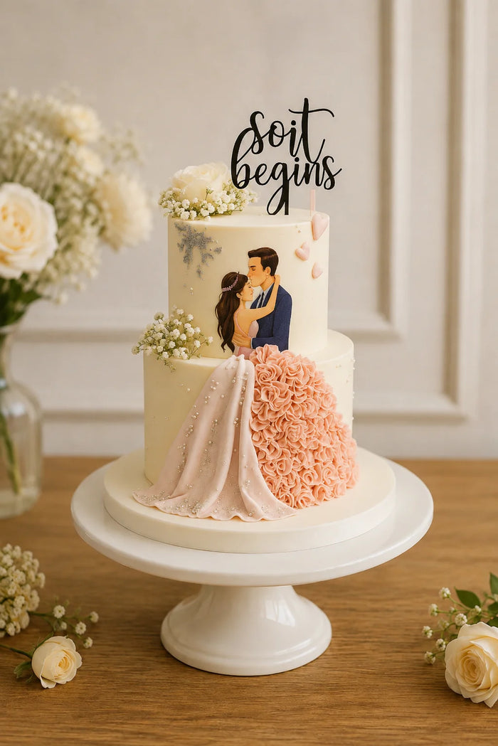 Two-Tier Romantic Couple Silhouette & Ruffle Dress Celebration Cake
