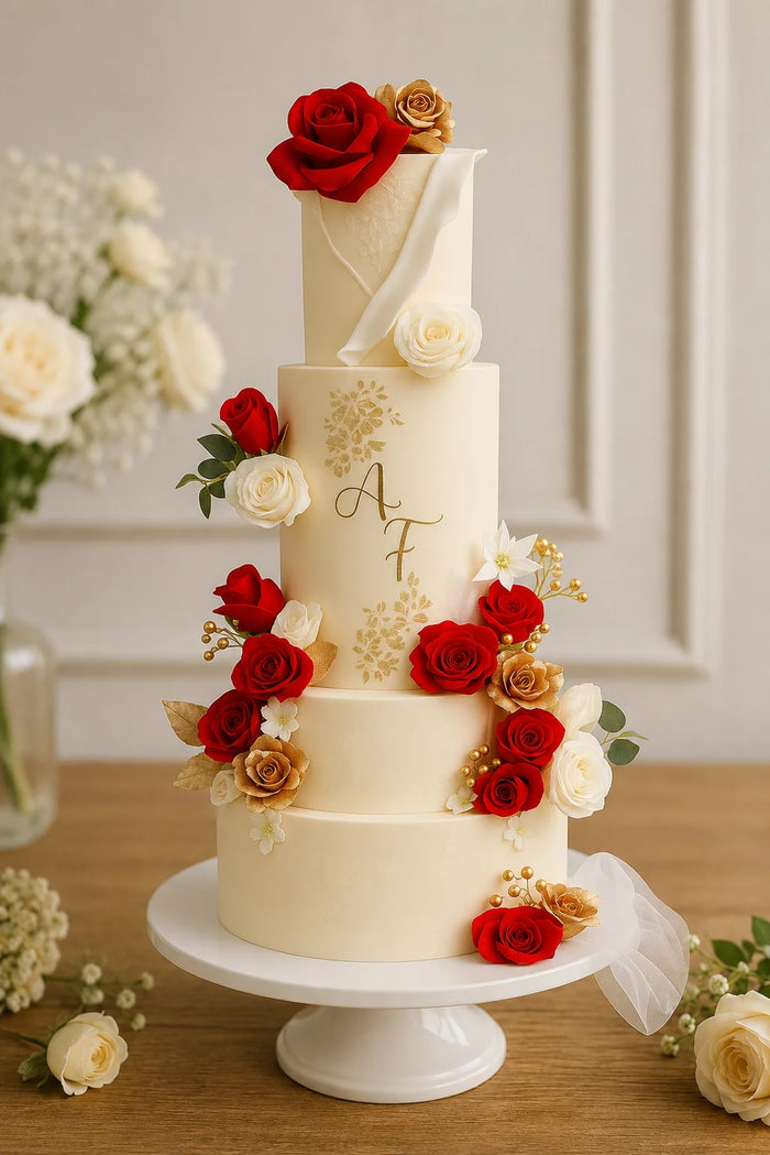 Multi-Tier Red and Gold Roses Floral Celebration Cake