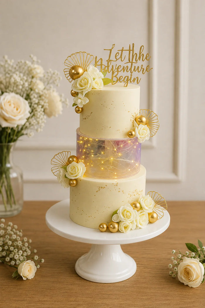 Illuminated Fairy Light Tier With Floral & Gold Accents Theme Cake