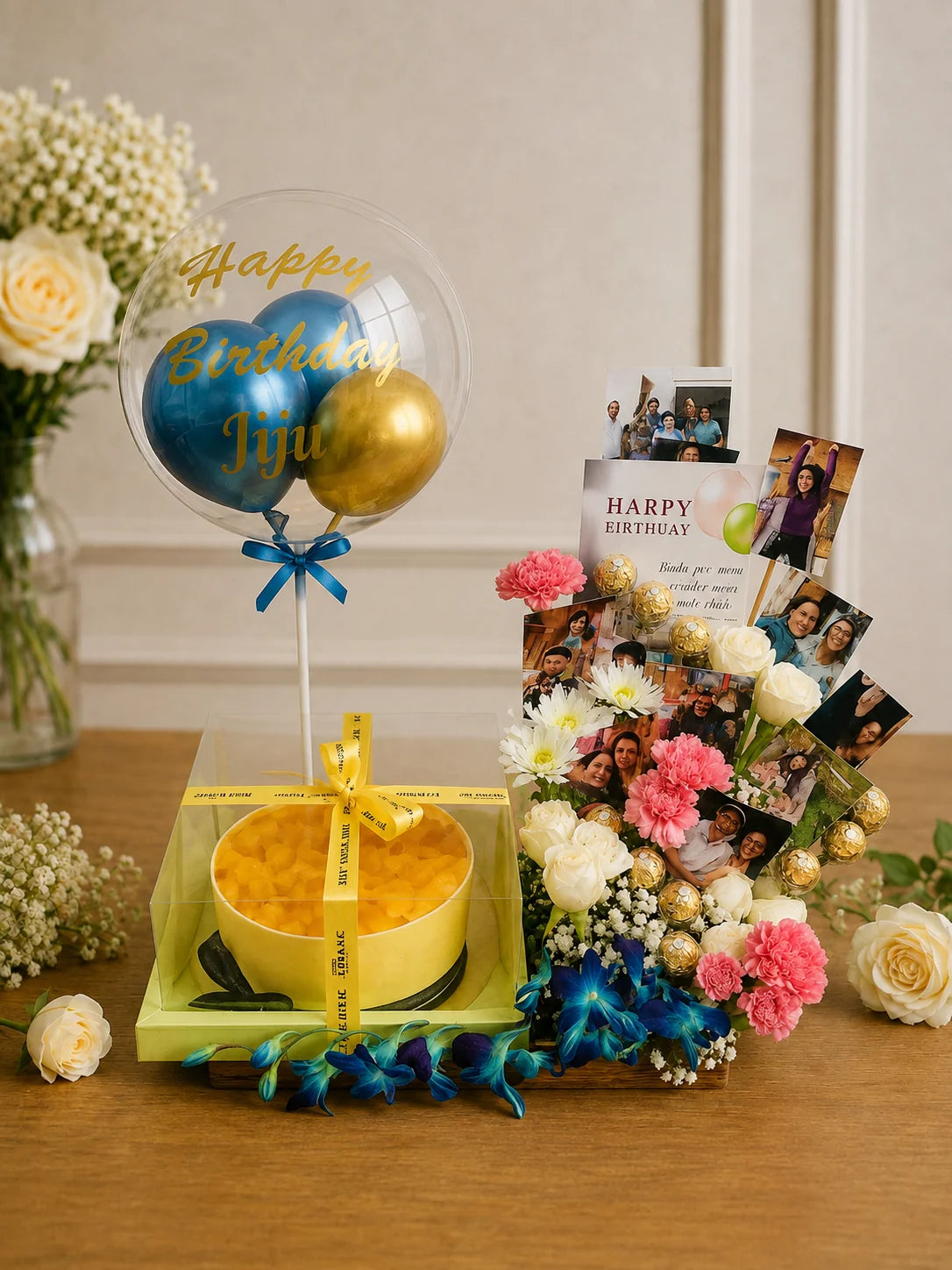 Golden Yellow Celebration Cake & Blue Balloon Photo Hamper handcrafted luxury gift hamper by The Baking Kaur Meerut