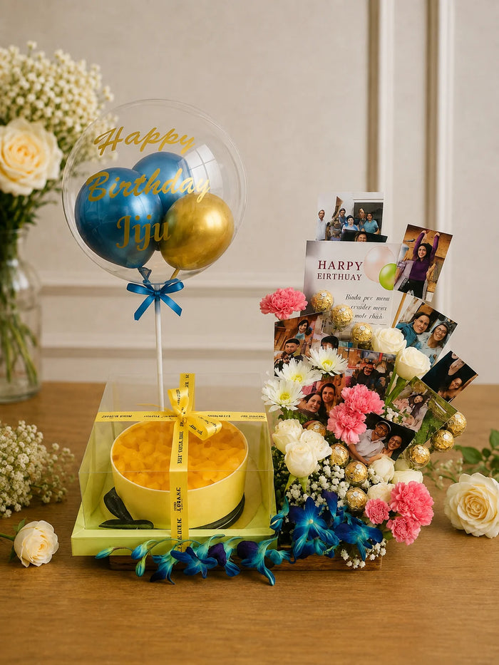 Golden Yellow Celebration Cake & Blue Balloon Photo Hamper