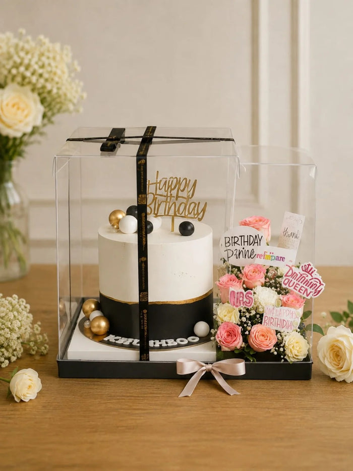 Monochrome Elegance Birthday Cake & Floral Hamper