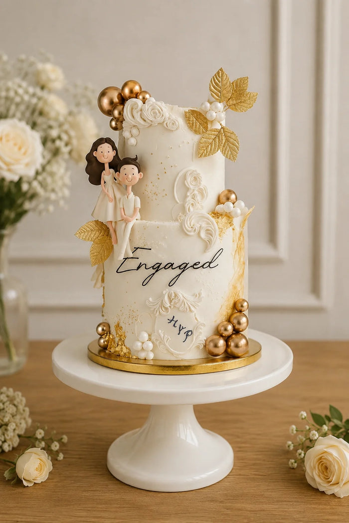 Engagement Couple Figures With Gold Baroque Details Theme Cake