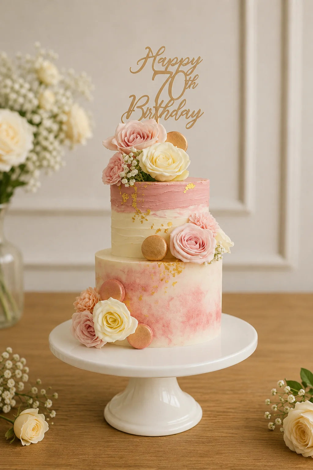 Handcrafted Happy 70Th Birthday Peach 2-Tier Birthday Tier Cake baked fresh by The Baking Kaur, Thapar Nagar, Meerut