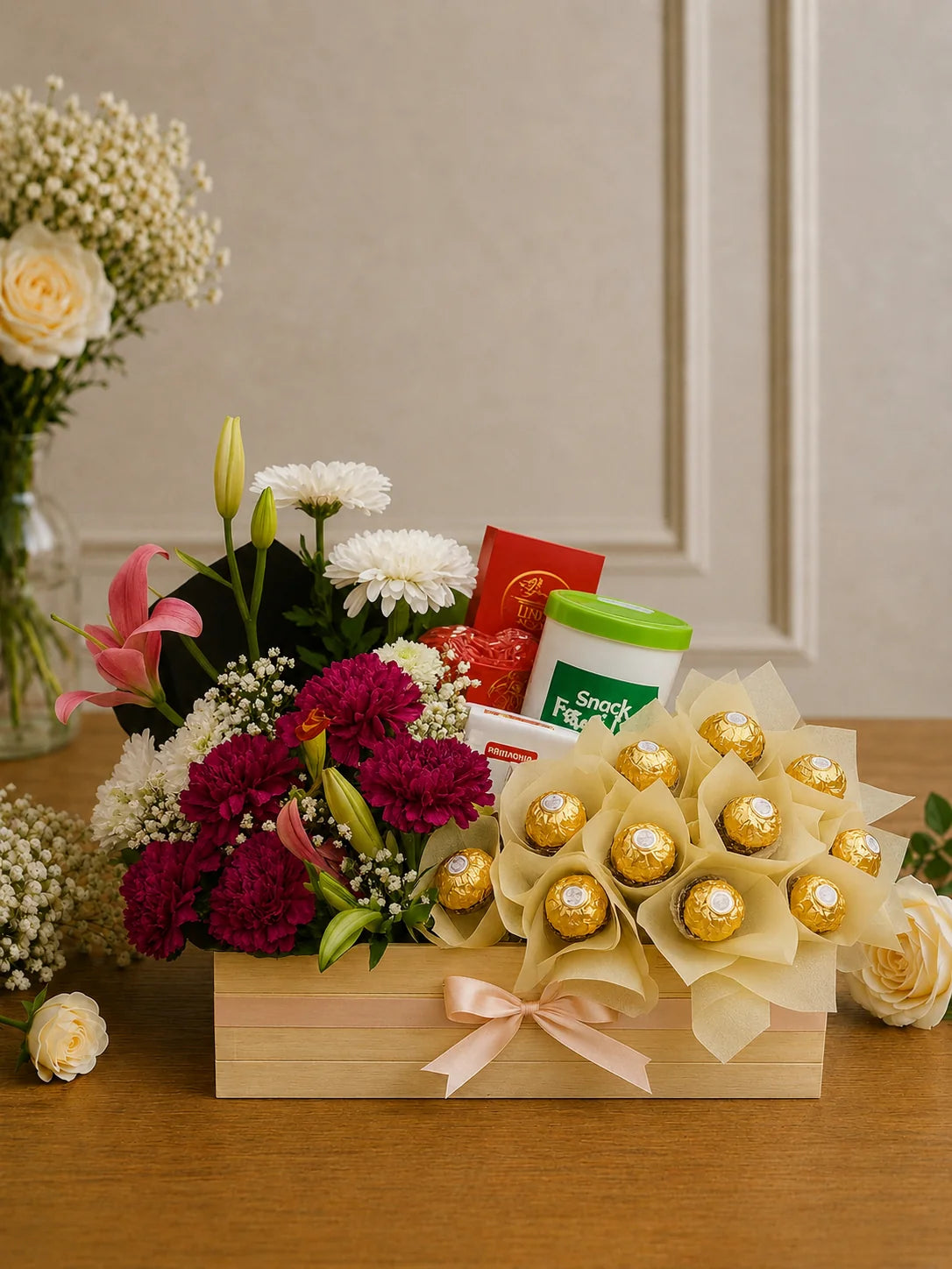 Opulent Floral & Gourmet Golden Chocolate Gift Crate handcrafted luxury gift hamper by The Baking Kaur Meerut