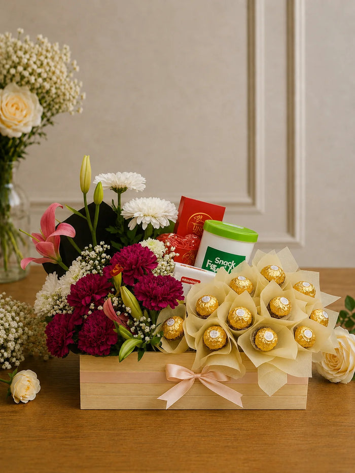 Opulent Floral & Gourmet Golden Chocolate Gift Crate