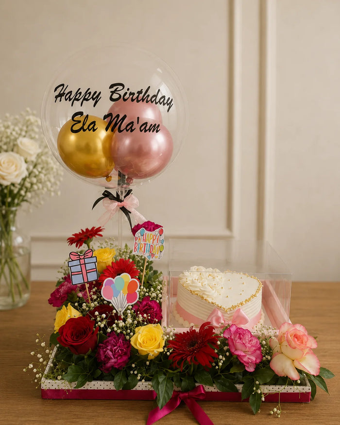 Happy Birthday Ela Ma'am Floral & Heart Cake Personalised Hamper