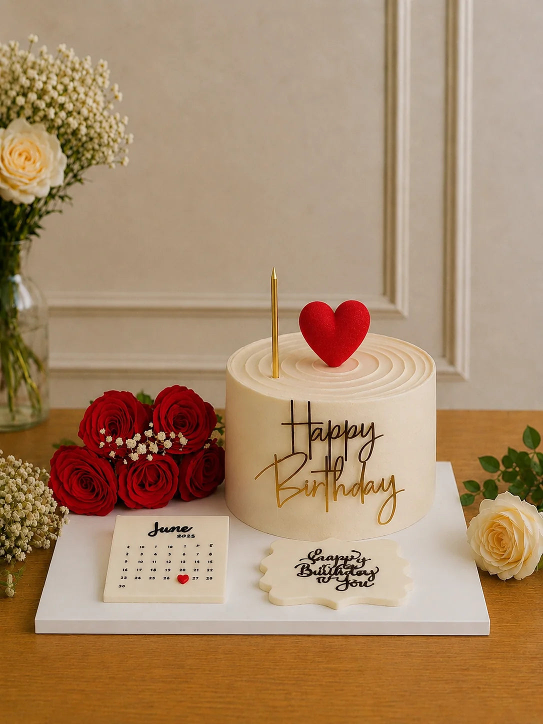 Romantic June Birthday Celebration Cake Set handcrafted luxury gift hamper by The Baking Kaur Meerut