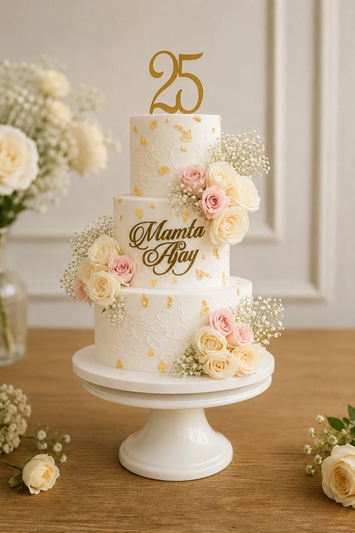 3-Tier Floral & Gold Leaf 25th Silver Jubilee Anniversary Cake