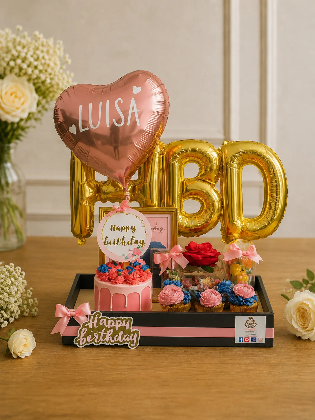 Luisa's Pink & Gold Birthday Celebration Hamper handcrafted luxury gift hamper by The Baking Kaur Meerut