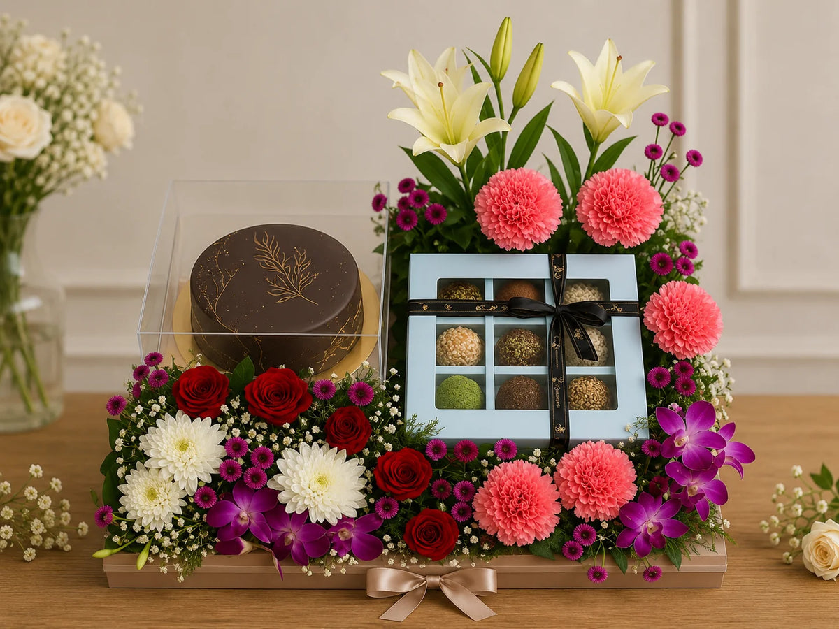 Opulent Floral & Gourmet Truffle Celebration Hamper handcrafted luxury gift hamper by The Baking Kaur Meerut