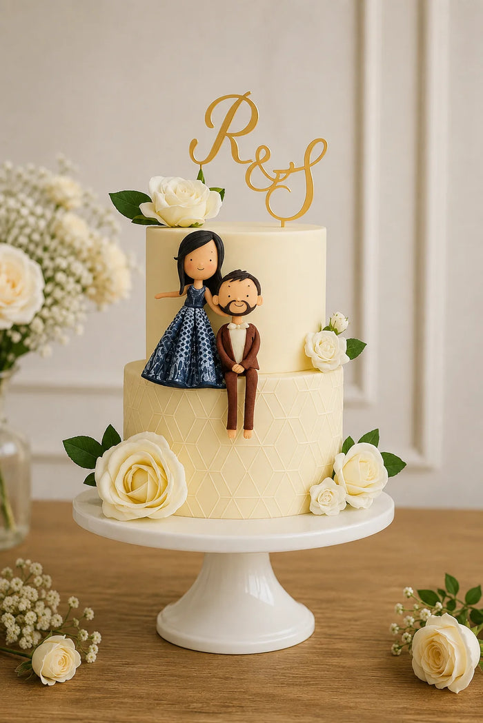 Two-Tier Custom Couple Cake Topper With Geometric Texture Theme Cake