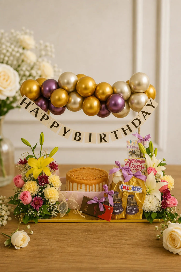 Gold & Purple Balloon Garland Birthday Celebration Hamper