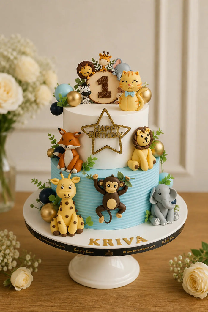 2-Tier 1st Birthday Jungle Animals Safari Birthday Cake